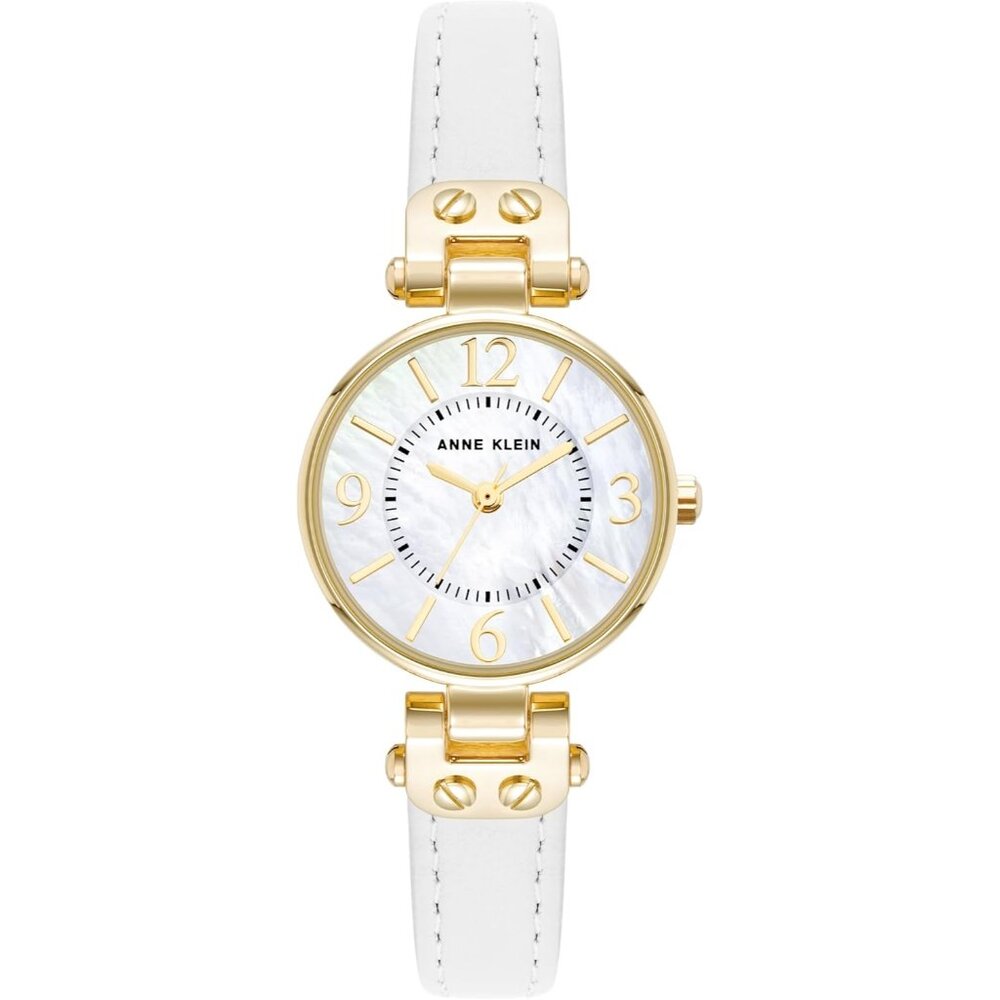 Women's White/Gold Domed Mineral Crystal Lens Leather Strap Buckle Closure Watch
